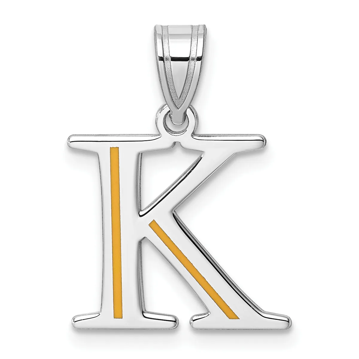 Silver letter K pendant with gold-colored diagonal stripes, suspended from a silver bail, shown against a white background.