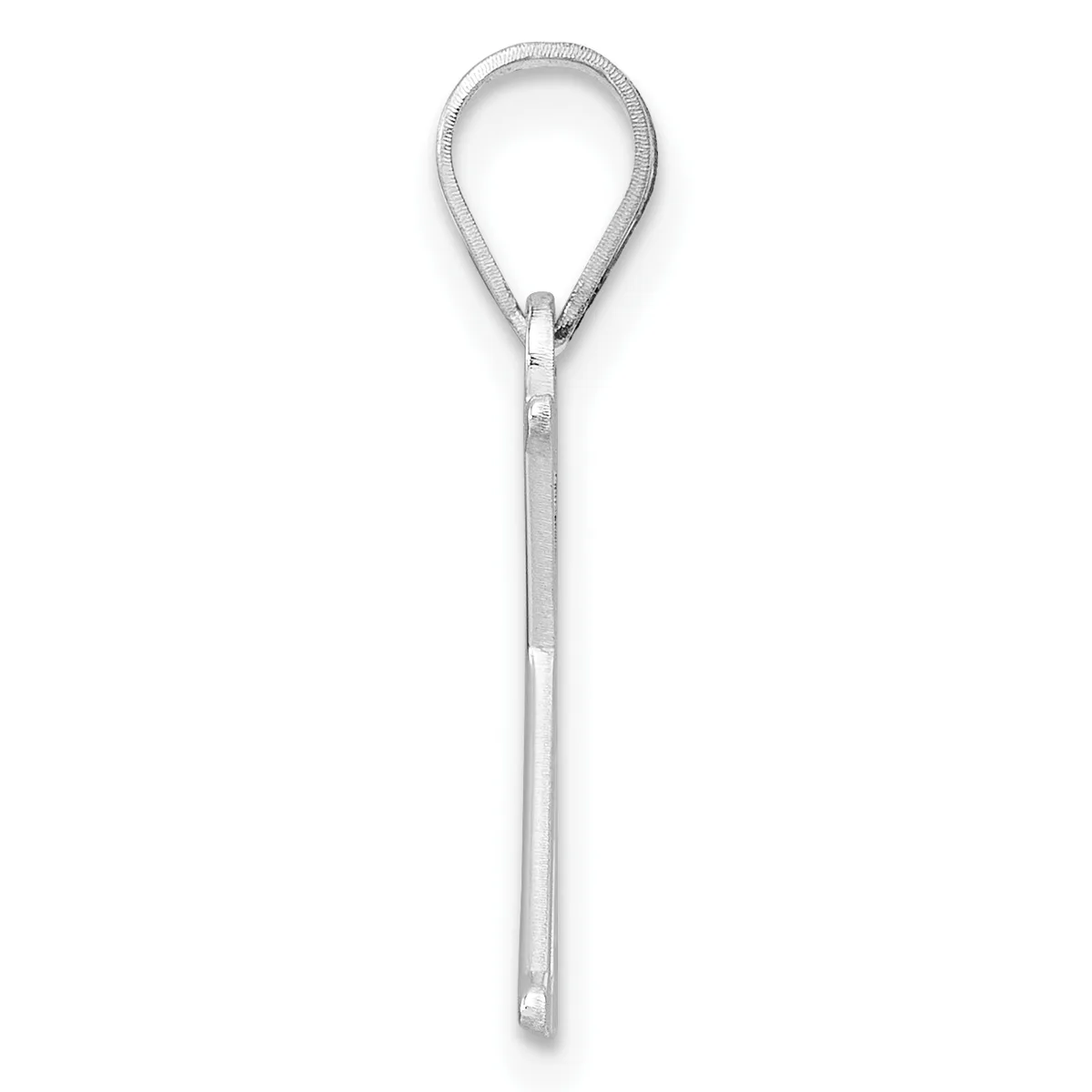 A silver teardrop-shaped pendant on a long thin silver chain, displayed against a white background.