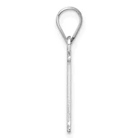 A long silver teardrop-shaped pendant with a textured surface and an open loop at the top, shown suspended against a white background.