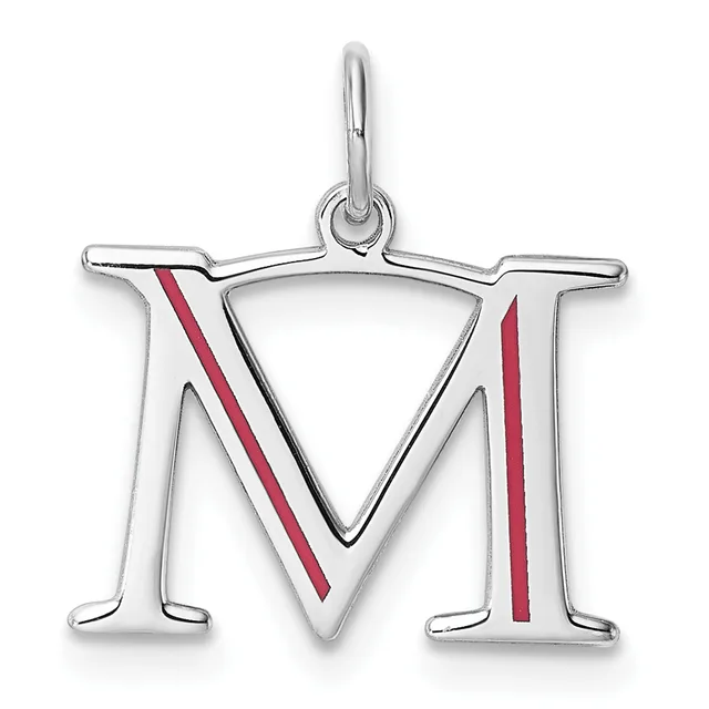 Silver pendant featuring the letter M with a large V shape in the center, accented with red enamel stripes on both sides, suspended from a bail loop.