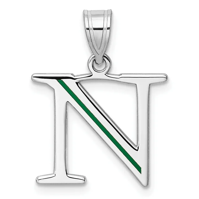Silver pendant shaped like the letter N with a green and black diagonal stripe running through the center, suspended from a bailed loop.