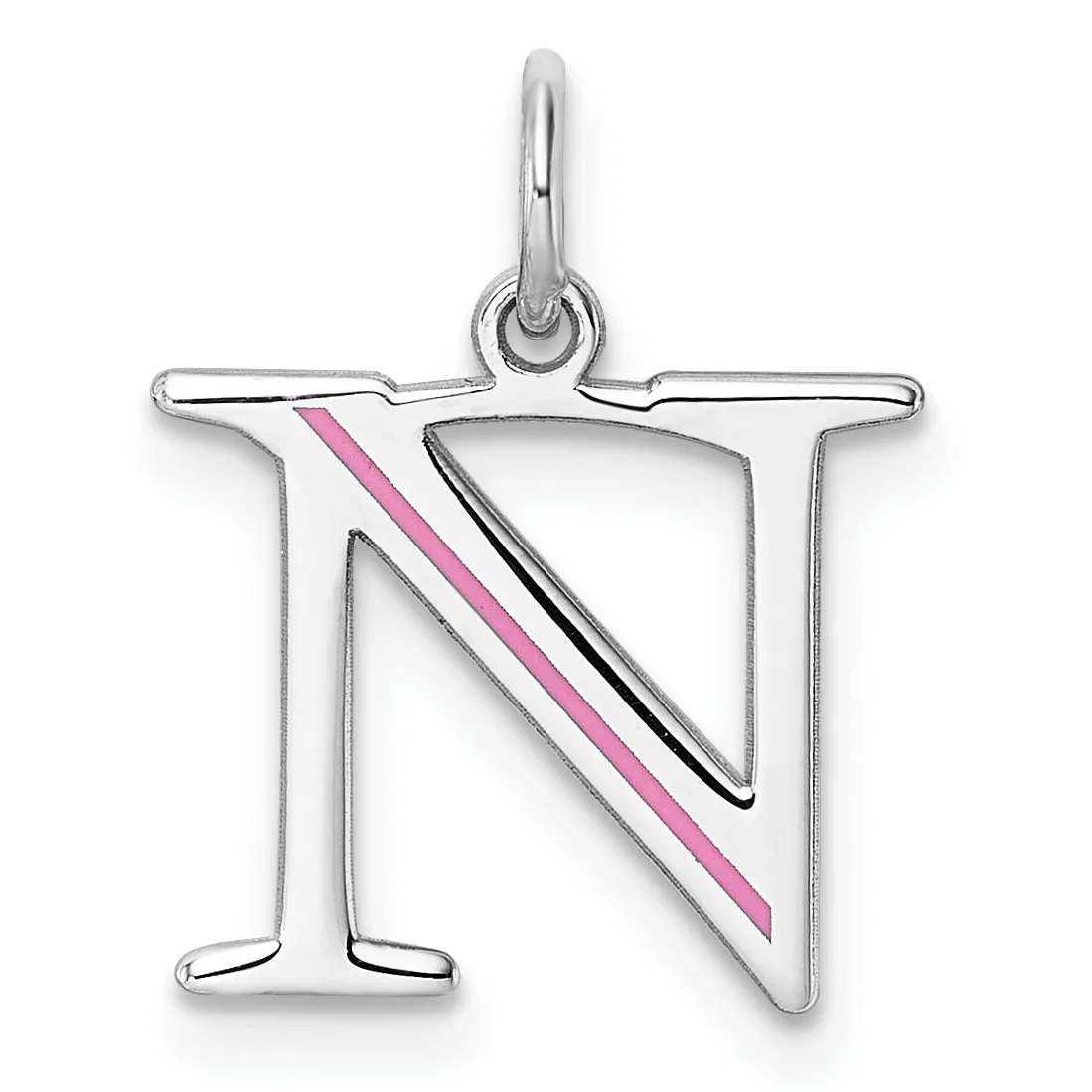 Silver pendant charm shaped like the letter N with a pink and black diagonal stripe design inside the rectangular frame.