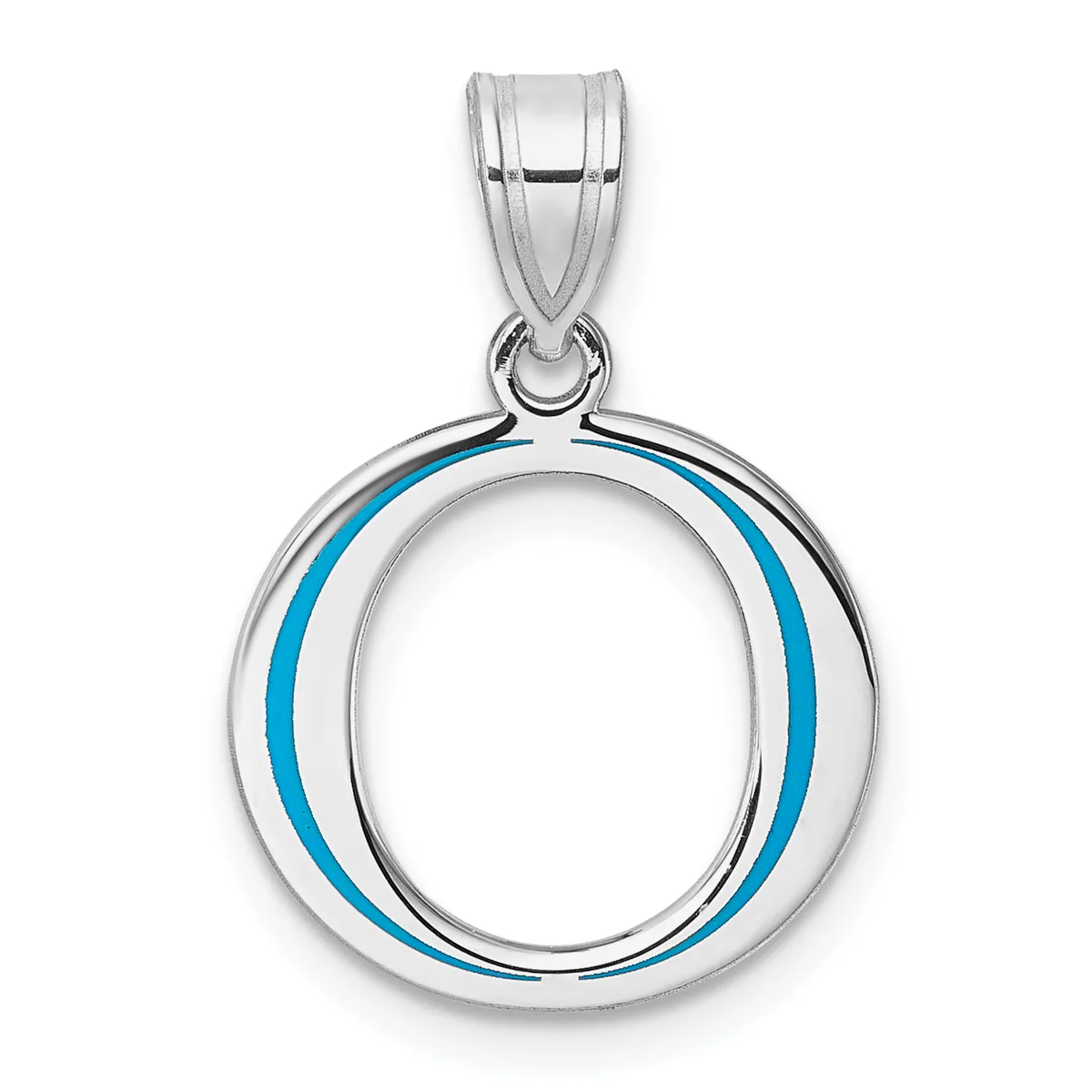 A sterling silver pendant with a polished finish featuring a circular design with blue enamel stripes on both sides, suspended from a silver bail.