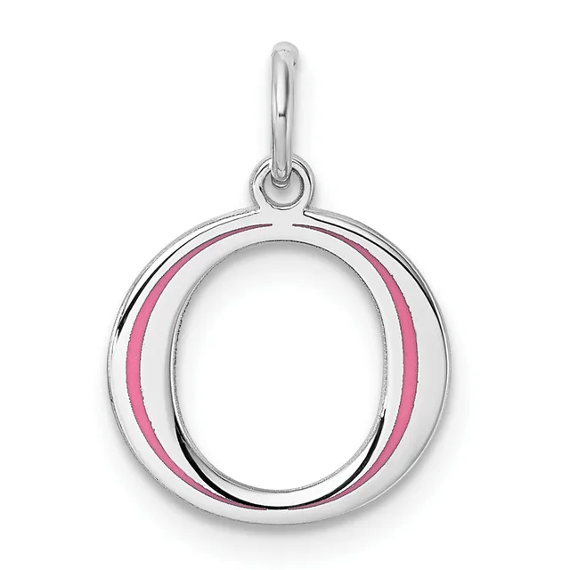 A round silver pendant with a pink enamel stripe on each side of the oval opening, suspended from a silver bail.
