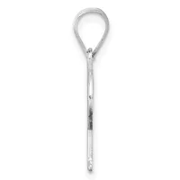 A silver teardrop-shaped pendant with a long stem, shown hanging against a white background.