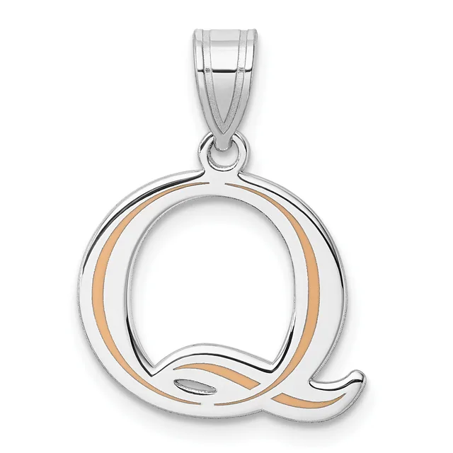 Silver pendant with rose gold accents in the shape of the letter Q, hanging from a silver bail.