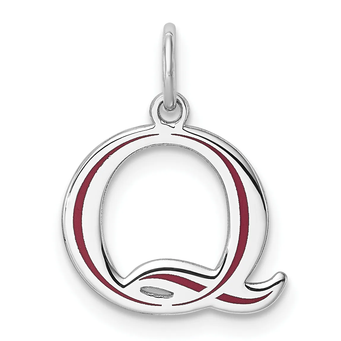 Silver letter Q charm with burgundy enamel accents and a loop bail at the top for hanging.