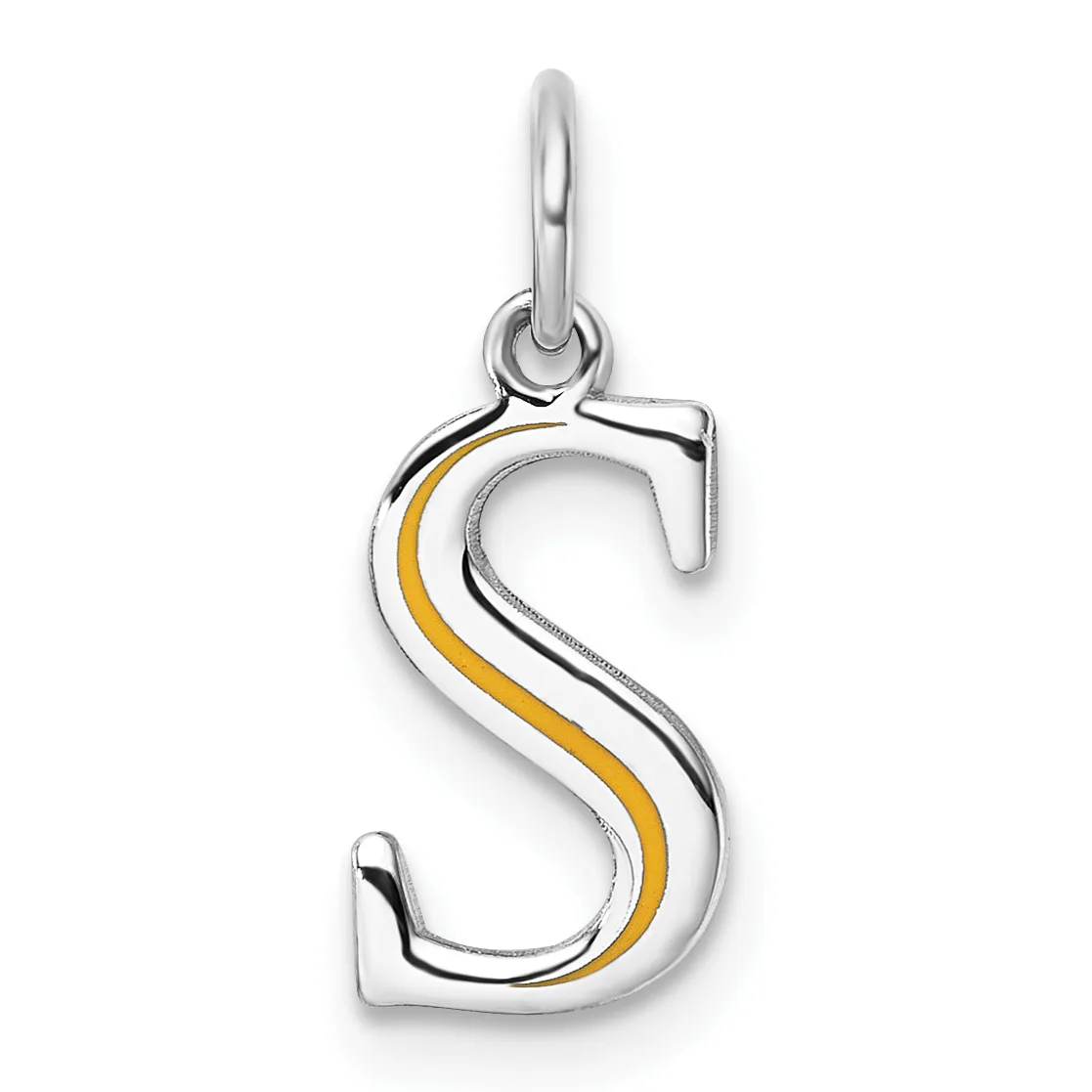 Silver letter S pendant with gold-colored curved stripe accent down the center, suspended from a silver bail loop.