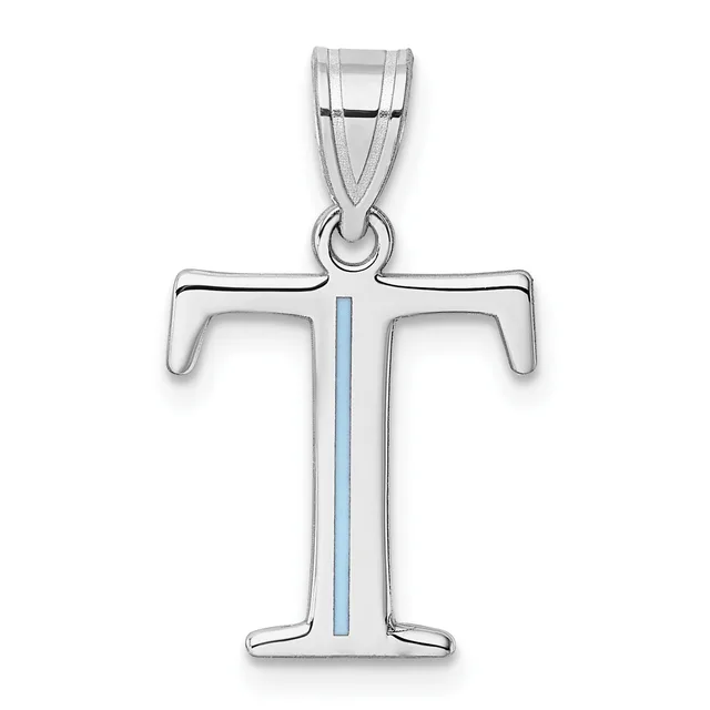 Silver cross pendant with hollow curved arms and a light blue vertical stripe down the center, shown hanging from a bail against a white background.