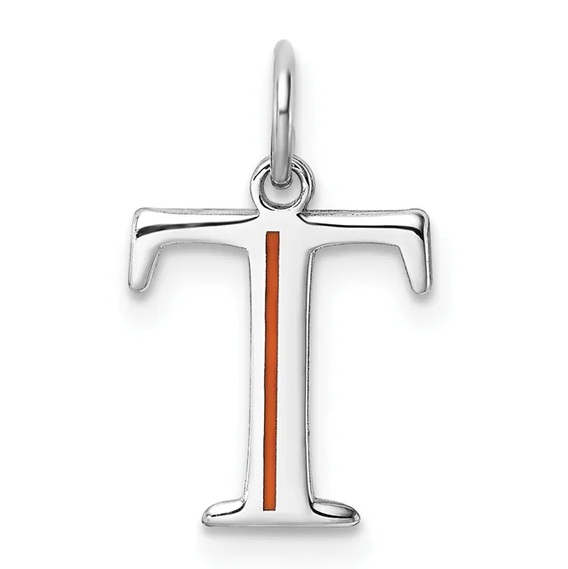 Silver cross pendant with curved horizontal arms and a vertical red stripe down the center, suspended from a loop bail.