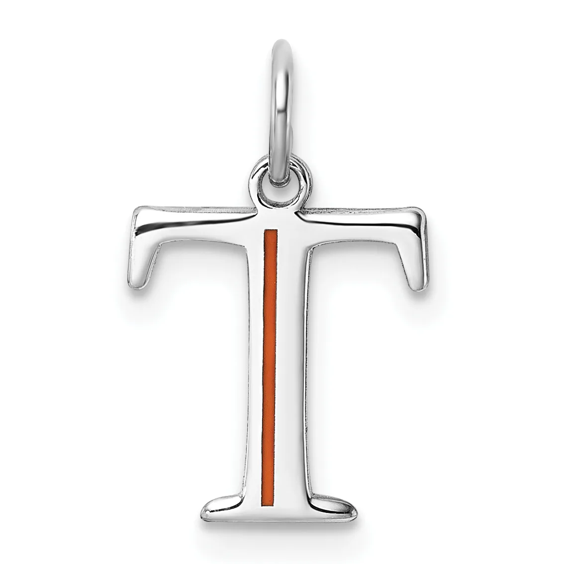 Silver cross pendant with curved horizontal arms and a vertical red stripe down the center, suspended from a loop bail.