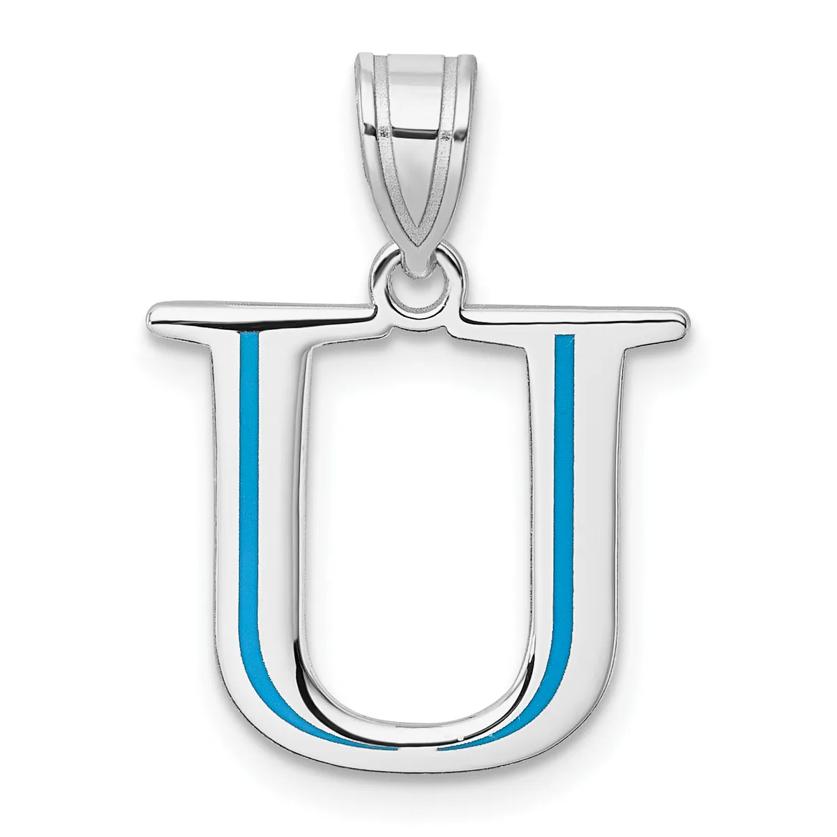 Silver letter U pendant with blue enamel inlay on the sides, suspended from a silver bail on a white background.