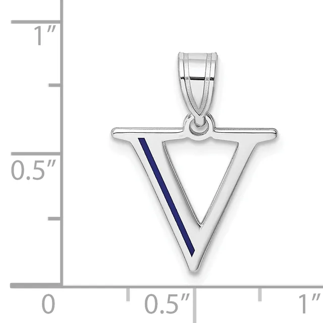 Silver triangle pendant with dark blue enamel stripe, shown next to a ruler indicating approximately one inch in height.