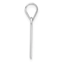 A silver-toned metal lariat necklace with a teardrop-shaped loop at the top and a long pointed pendant stem, displayed against a white background.