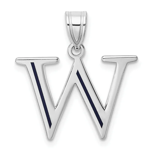 Silver letter W pendant with dark blue enamel diagonal stripes, attached to a silver bail, shown against a white background.
