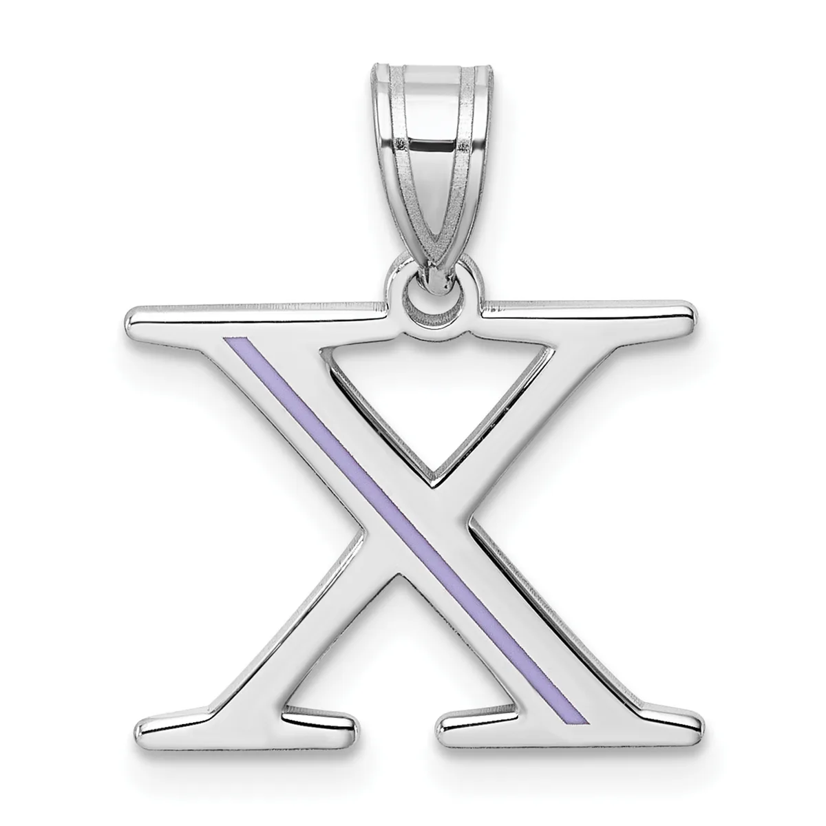 Silver pendant shaped like a stylized figure with outstretched arms and legs, featuring a purple enamel stripe across the torso, suspended from a silver bail.