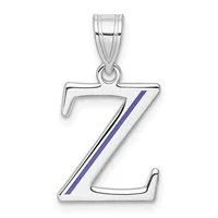 Silver letter Z pendant with blue enamel stripe detail, shown hanging from a silver bail against a white background.