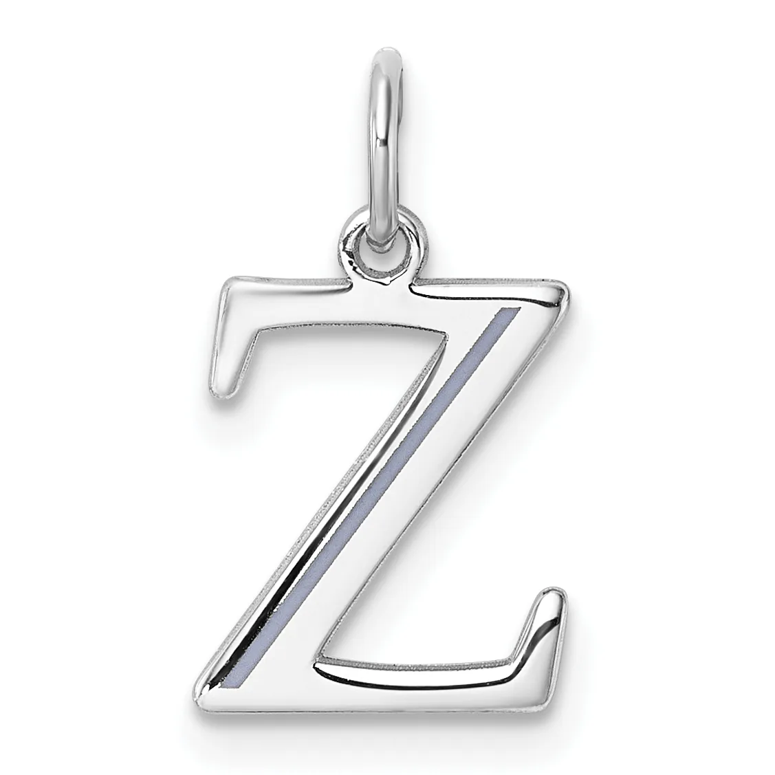 Silver letter Z charm with a polished finish and small loop at the top for attaching to a chain or bracelet.