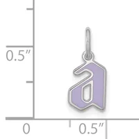 A silver charm with a purple enamel background shaped like the letter "a" with cutout details, shown next to a ruler indicating approximately 0.5 inches in height.