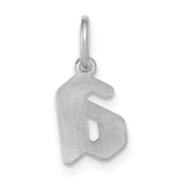 Silver letter B pendant with a brushed matte finish, displayed hanging from a thin silver loop against a white background.