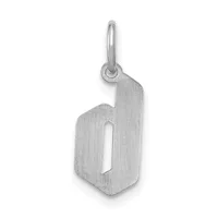 Silver pendant charm in the shape of the letter D with a brushed finish and a small rectangular cutout, suspended from a polished bail.
