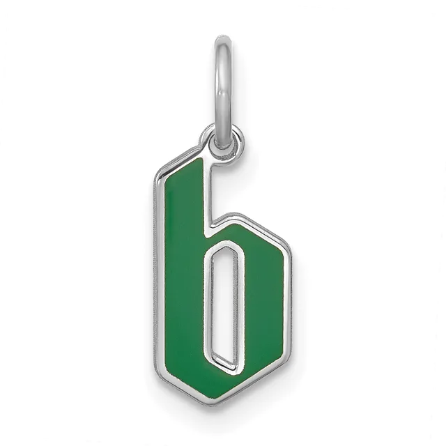 A silver pendant charm shaped like the number 6 with green enamel fill and a polished silver outline, suspended from a silver loop bail.