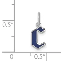 Silver pendant charm featuring a lowercase letter "c" with dark blue enamel fill, shown at actual size next to a measurement scale.