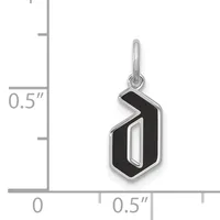 Silver pendant with black enamel featuring a geometric chevron or arrow design, shown next to a measurement scale indicating approximately 0.5 inches in height.