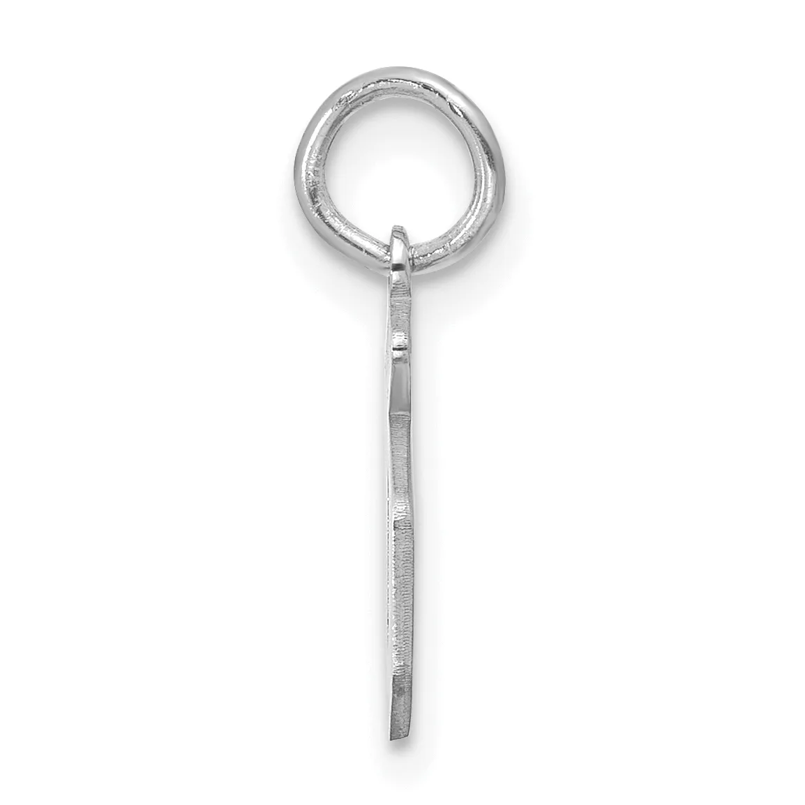 A silver pendant consisting of a textured circular loop at the top with an attached rectangular strip hanging downward, shown against a white background.