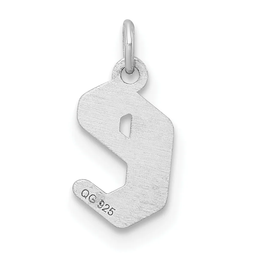 Silver pendant charm shaped like the letter S with a small heart cutout, suspended from a bail loop, with a small stamped hallmark on the lower portion.