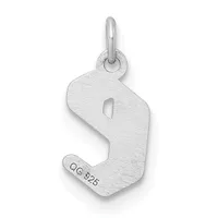 Silver pendant charm shaped like the letter S with a small heart cutout, suspended from a bail loop, with a small stamped hallmark on the lower portion.
