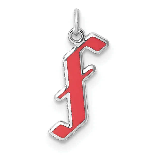 A silver charm pendant with a red enamel fill shaped like the letter J, featuring a small loop at the top for attaching to a chain.