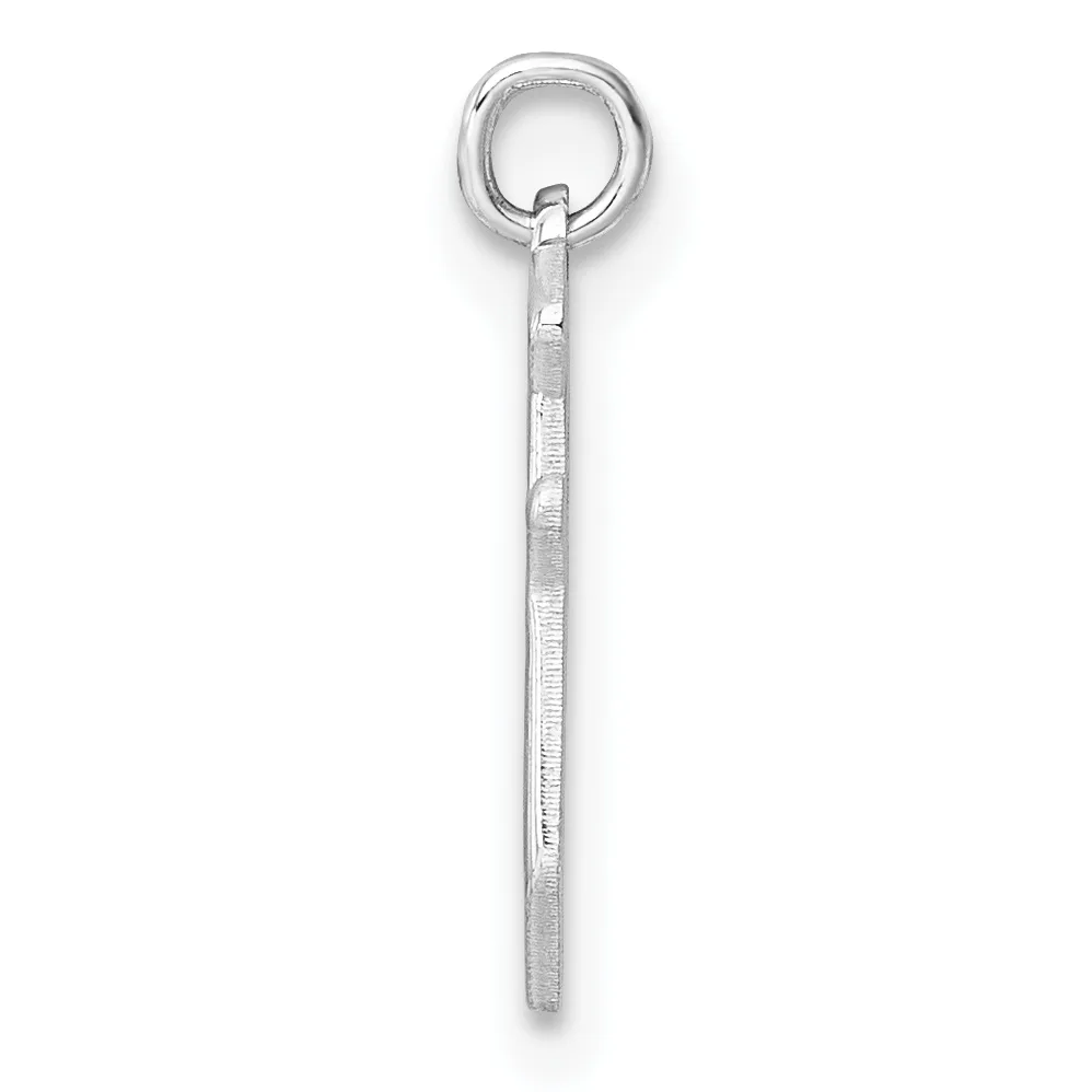A long, thin sterling silver pendant with a textured rectangular shaft and a round loop at the top.
