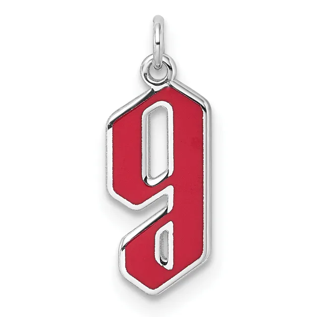 A silver pendant with a red enamel background featuring the number 9 in silver outline, suspended from a silver loop bail.