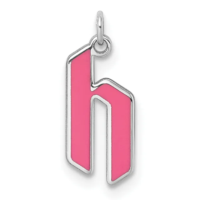 A silver charm pendant with a bright pink enamel fill in the shape of the number six, suspended from a small loop at the top.