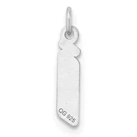Silver rectangular pendant with rounded top edge and a small stamped hallmark, suspended from a silver bail.