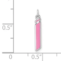 A silver charm pendant with a pink rectangular enamel center and a small decorative loop at the top, shown next to a ruler indicating it measures approximately 0.5 inches wide and 1 inch tall.