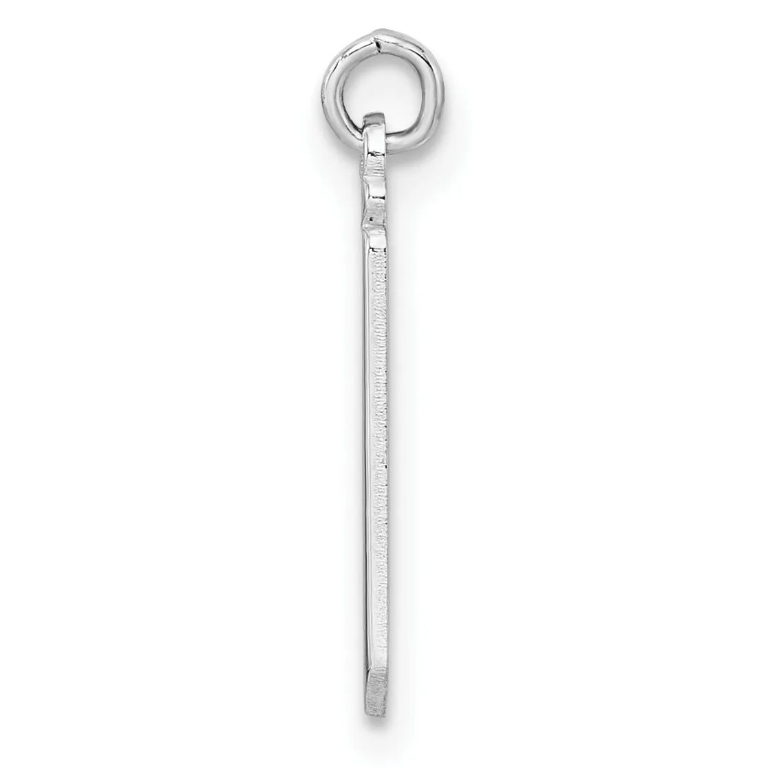 A long silver chain pendant with a textured rectangular bar hanging from a small round ring at the top.
