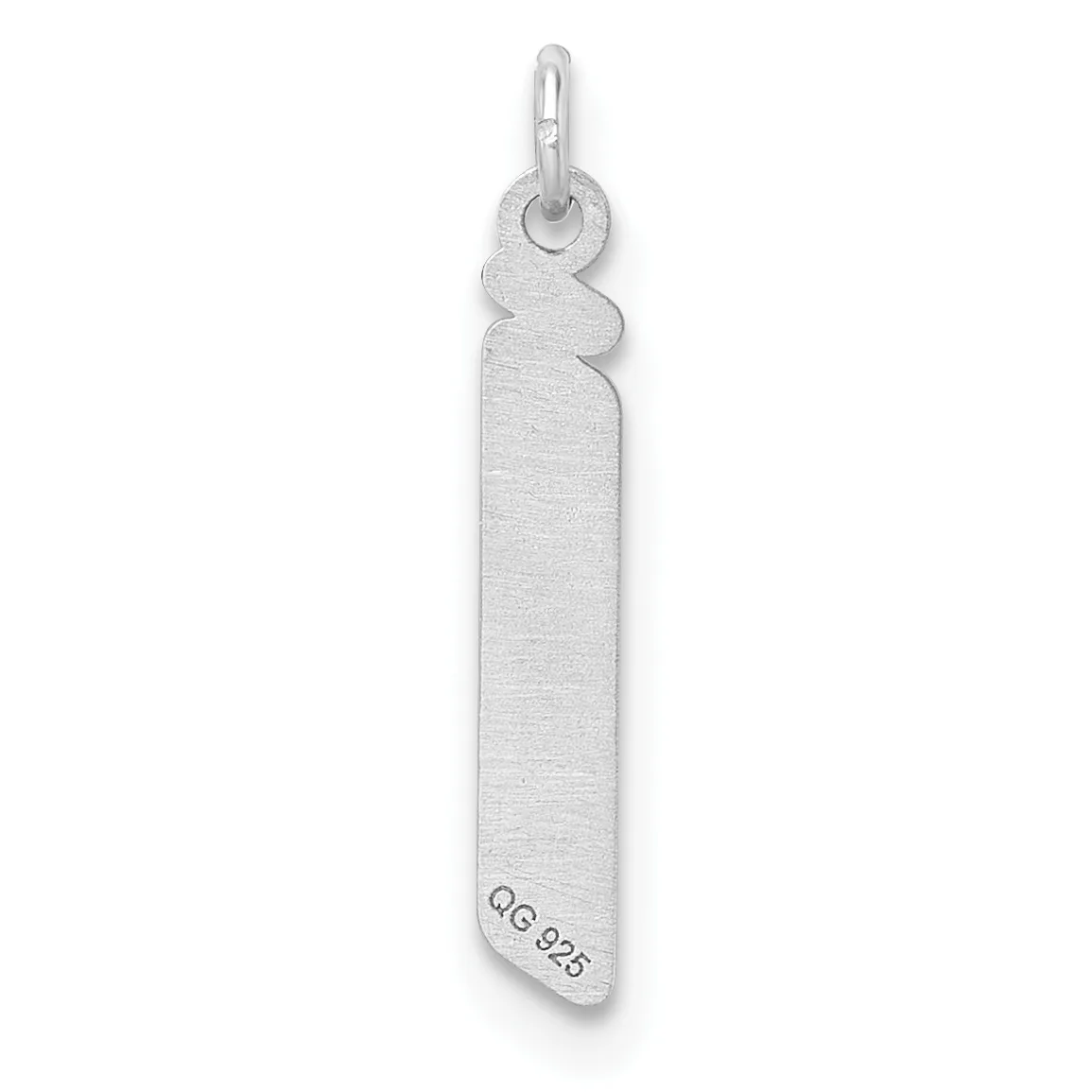 A long rectangular silver pendant with a wavy cutout at the top and a small stamped hallmark near the bottom, shown hanging from a silver loop.