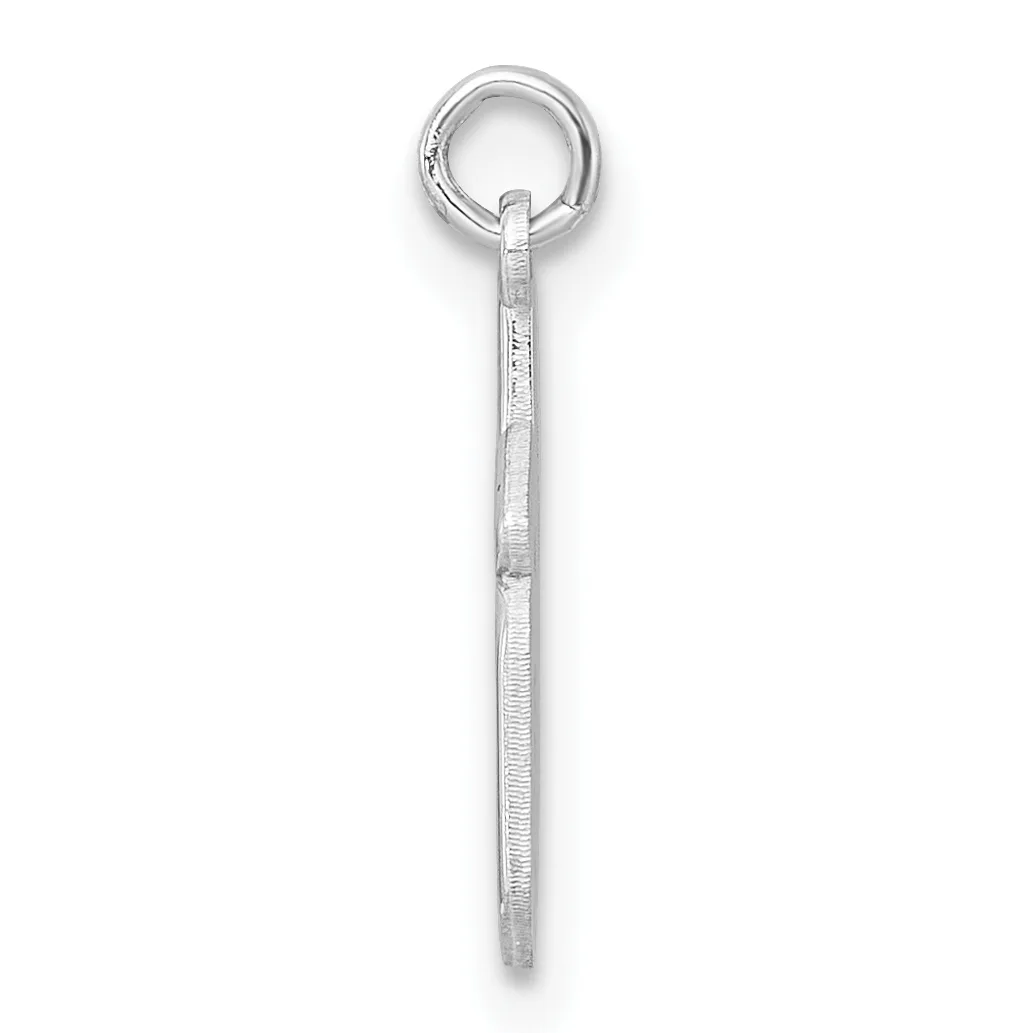 A long thin silver pendant with textured surface hanging from a small circular loop against a white background.