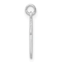 A long thin silver pendant with textured surface hanging from a small circular loop against a white background.