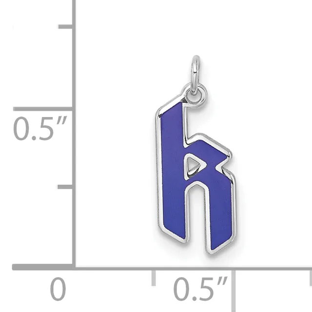 A blue enamel number 6 pendant with silver-tone metal outline and loop, shown next to a measurement scale indicating approximately 0.5 inches in height.