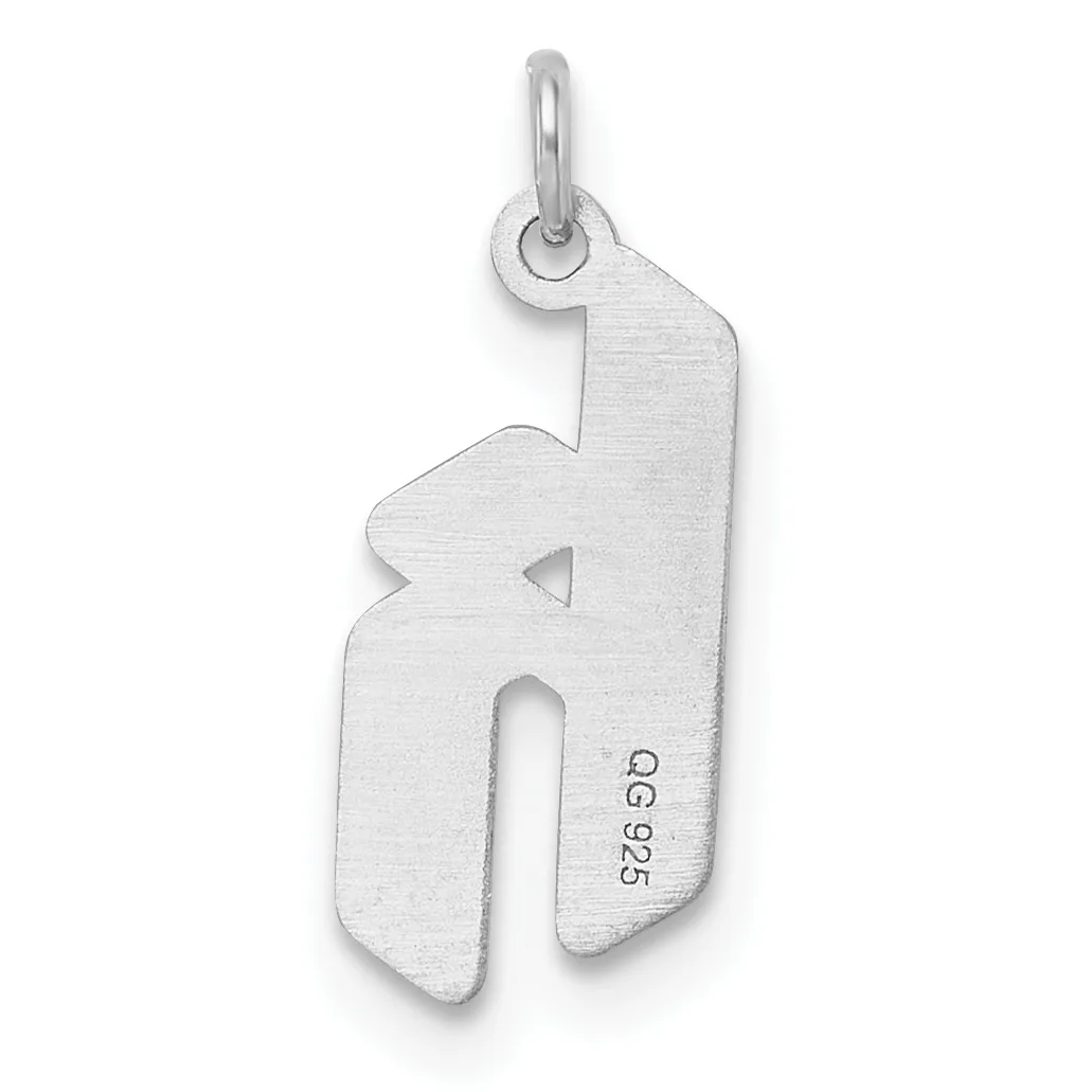 Silver giraffe-shaped pendant with a small stamped hallmark, shown suspended from a loop against a white background.