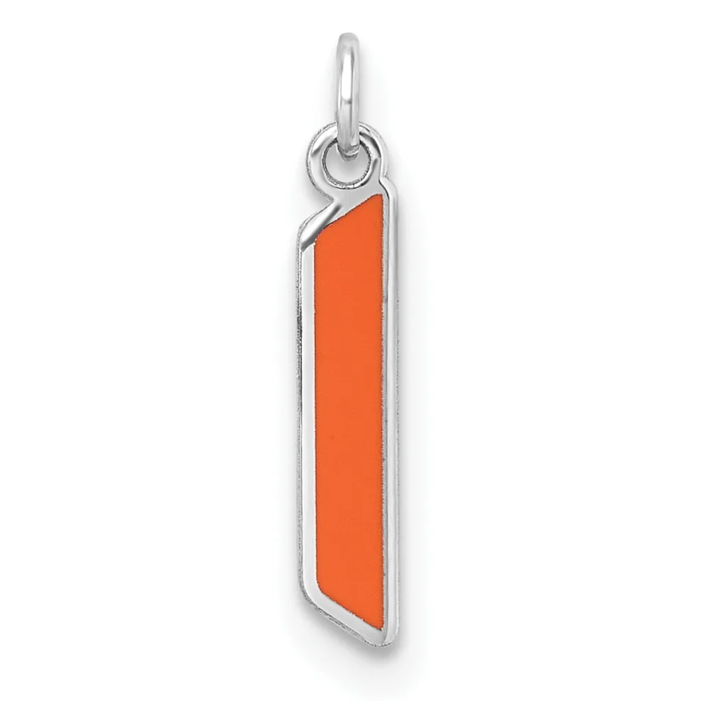 A rectangular pendant with a bright orange enamel center panel framed in polished silver metal, attached to a silver loop bail at the top.