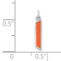 A vertical rectangular pendant with an orange enamel center and silver-toned metal frame, shown next to a measurement scale indicating approximately 0.5 inches wide by 0.5 inches tall.