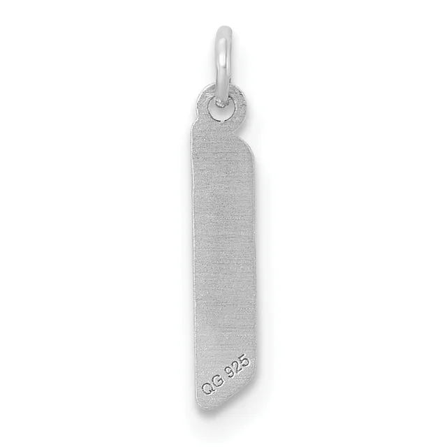 A vertical rectangular silver pendant with a brushed finish and a small stamped hallmark, suspended from a polished bail loop.