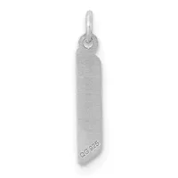 A vertical rectangular silver pendant with a brushed finish and a small stamped hallmark, suspended from a polished bail loop.