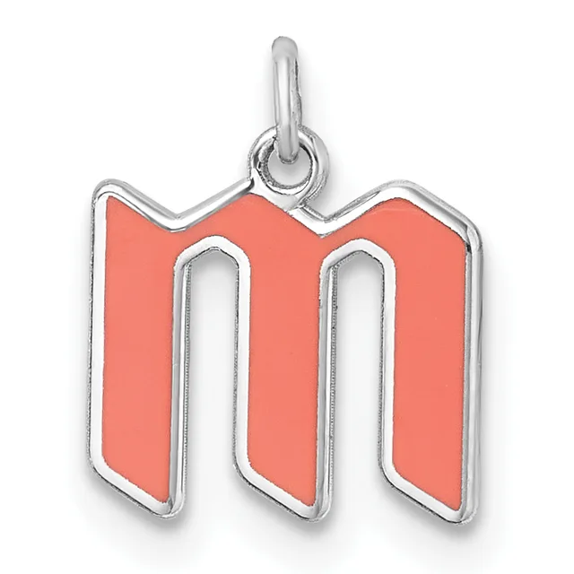 Silver pendant with a coral red enamel letter M, featuring a silver bail loop at the top.