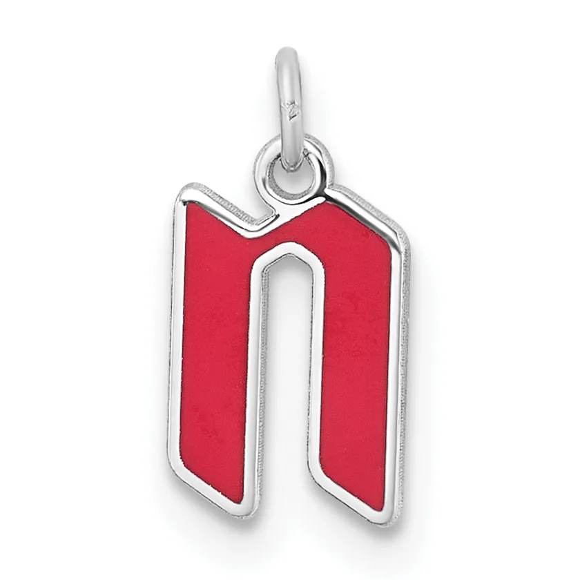 Silver pendant with a red enameled rectangular shape featuring a rounded cutout in the center, suspended from a silver loop bail.