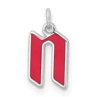 Silver pendant with a red enameled rectangular shape featuring a rounded cutout in the center, suspended from a silver loop bail.